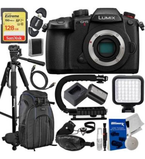 Panasonic Lumix GH5 II Mirrorless Camera (Body Only) + SanDisk 128GB Extreme SDXC, Deluxe Water-Resistant Camera Backpack, Lightweight 60â€ Tripod, Action Grip Stabilizer & Much More (22pc Bundle)