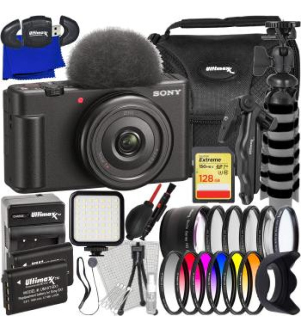 Sony ZV-1F Camera Bundle (Black) - Includes: 128GB Extreme Memory Card, 2x Replacement Batteries, 6PC Gradual Color Filter Kit, LED Light Kit & Much More (34pc Bundle)
