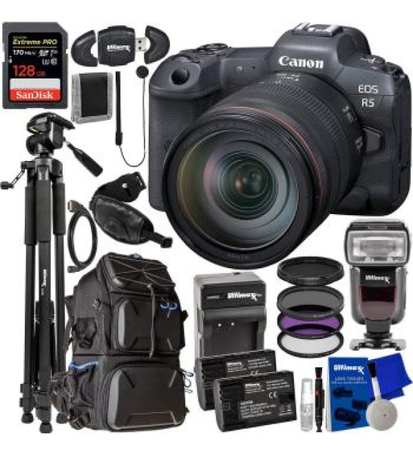 Canon EOS R5 Mirrorless Camera with  RF 24-105mm f/4 L IS USM Lens + SanDisk 128GB Extreme Pro SDXC, Lightweight 75â€ Tripod, Variable Neutral Density Filter, 3PC UV Filter Kit & So Much More (30pc Bundle)