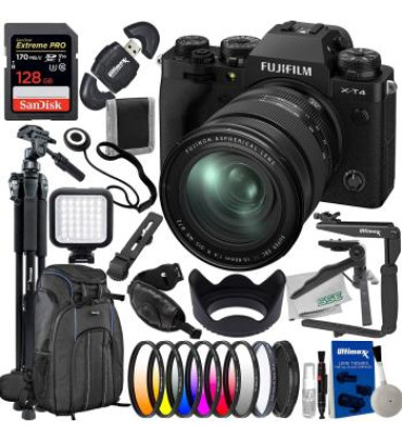FUJIFILM X-T4 Mirrorless Camera with 16-80mm Lens (Black) + SanDisk 128GB Extreme Pro SDXC, Deluxe Camera Backpack, Lightweight 72â€ Tripod, LED Video Light & Much More (36pc Bundle)