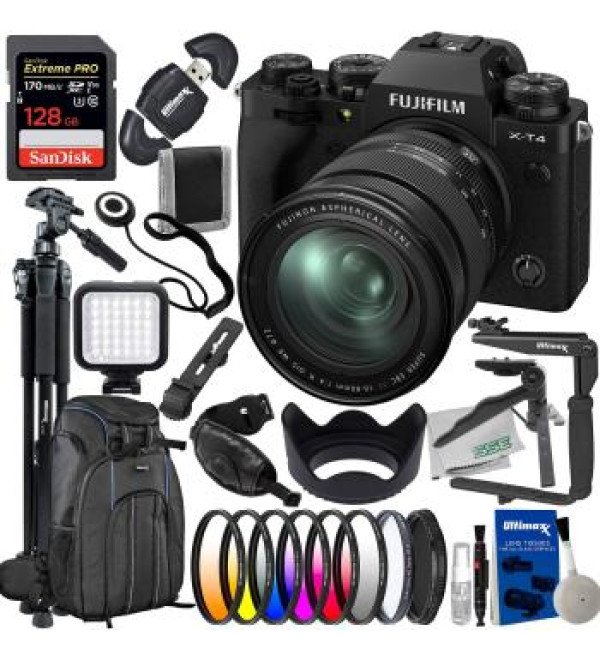 FUJIFILM X-T4 Mirrorless Camera with 16-80mm Lens (Black) + SanDisk 128GB Extreme Pro SDXC, Deluxe Camera Backpack, Lightweight 72â€ Tripod, LED Video Light & Much More (36pc Bundle)