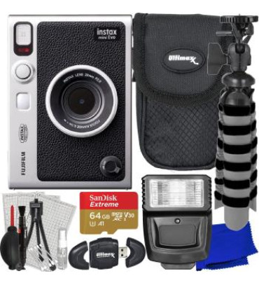 FUJIFILM INSTAX MINI EVO Hybrid Instant Camera with Advanced Accessory Bundle: SanDisk 64GB Extreme micro-Memory Card, Mini Tripod, Digital Flash & Much More (15pc Bundle)