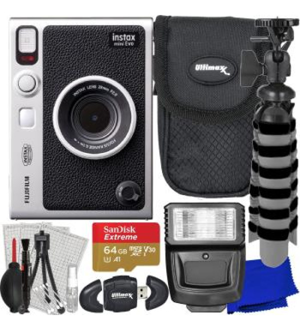 FUJIFILM INSTAX MINI EVO Hybrid Instant Camera with Advanced Accessory Bundle: SanDisk 64GB Extreme micro-Memory Card, Mini Tripod, Digital Flash & Much More (15pc Bundle)