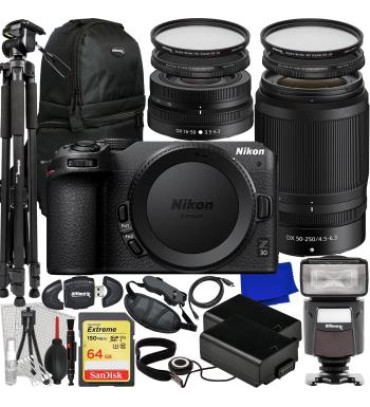Nikon Z30 Mirrorless Camera with 16-50mm & 50-250mm Lenses + SanDisk 64GB Extreme SDXC, Universal Speedlite, 60â€ Tripod, 2x Batteries, Sling Backpack & Much More (33pc Bundle)