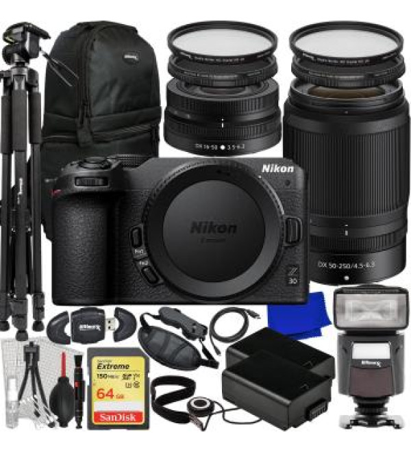 Nikon Z30 Mirrorless Camera with 16-50mm & 50-250mm Lenses + SanDisk 64GB Extreme SDXC, Universal Speedlite, 60â€ Tripod, 2x Batteries, Sling Backpack & Much More (33pc Bundle)
