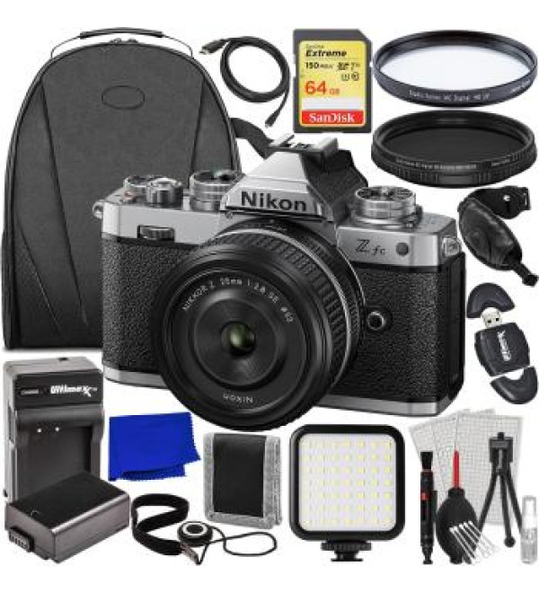 Nikon Zfc (Silver) Mirrorless Camera with 28mm Lens & Essential Accessory Bundle: SanDisk 64GB Extreme SDXC, Spare Battery, Protective Multi-Coated UV Filter & More (25pc Bundle)