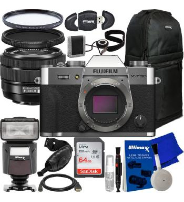 FUJIFILM X-T30 II Mirrorless Camera with XC 15-45mm OIS PZ Lens (Black) + Starter Bundle: SanDisk 64GB Ultra SDXC, Sling Backpack, Variable Neutral Density Filter & More (24pc Bundle)