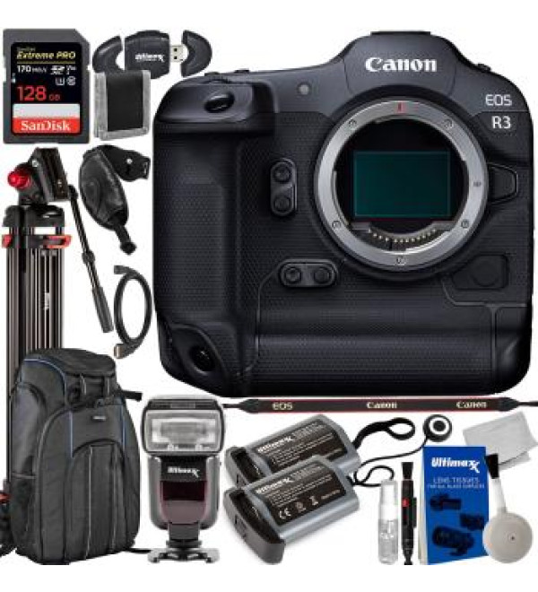 Canon EOS R3 Mirrorless Camera (Body Only) + SanDisk 128GB Extreme Pro SDXC, 2x Extended Life Batteries, Professional 72â€ Video Tripod, Deluxe Water-Resistant Camera Backpack & Much More (27pc Bundle)