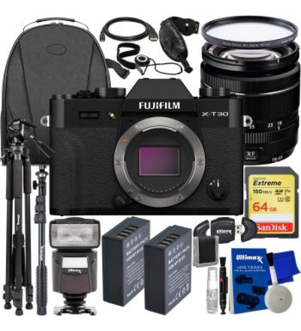 FUJIFILM X-T30 II Mirrorless Camera with 18-55mm Lens (Black) + SanDisk 64GB Extreme SDXC, 2x Spare Batteries, Multi-Coated UV Filter, Universal Speedlite with LED Video Light & Much More(27pc Bundle)