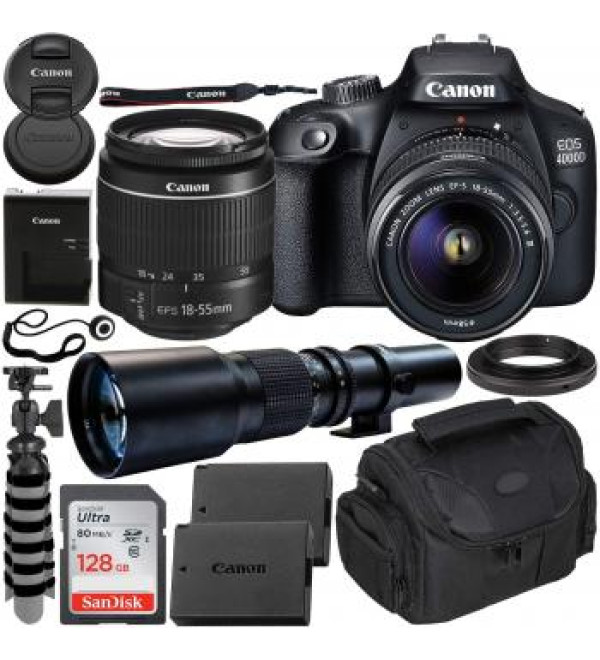 Canon EOS 4000D DSLR Camera with EF-S 18-55mm f/3.5-5.6 III Lens & 500mm Preset Lens Beginnerâ€™s Bundle - Includes: SanDisk Ultra 128GB SDXC Memory Card