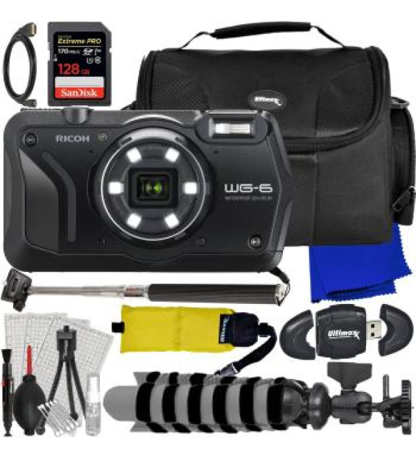 Ricoh WG-6 Digital Camera (Black) + SanDisk 128GB Extreme Pro SDXC, Selfie-Stick, Water-Resistant Gadget Bag, Gripster Tripod & More (21pc Bundle)