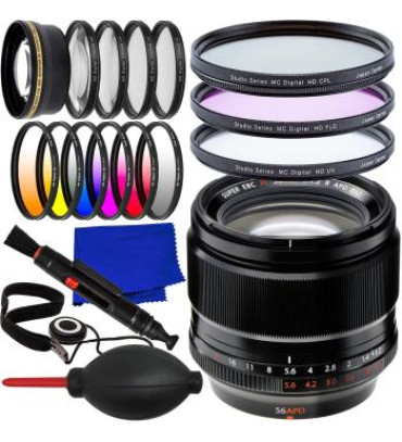 Fujifilm XF 56mm f/1.2 R APD Lens + 6PC Gradual Color Filter Kit, 2.2X Telephoto Lens Attachment, 3PC UV Filter Kit (UV, CPL, FLD), 4PC Macro Close-Up Filter Kit & More (24pc Bundle)