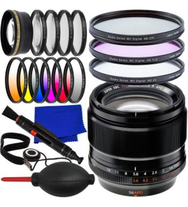 Fujifilm XF 56mm f/1.2 R APD Lens + 6PC Gradual Color Filter Kit, 2.2X Telephoto Lens Attachment, 3PC UV Filter Kit (UV, CPL, FLD), 4PC Macro Close-Up Filter Kit & More (24pc Bundle)