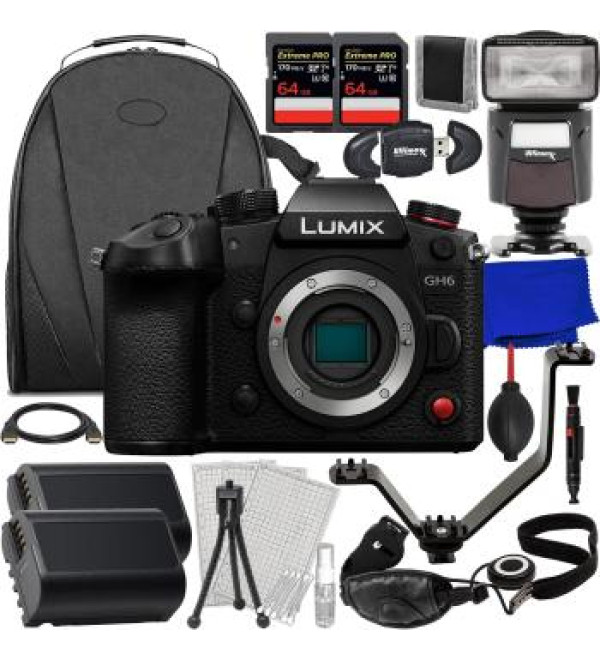 Panasonic Lumix GH6 Mirrorless Camera (Body Only) + 2X SanDisk 64GB Extreme Pro SDXC, 2X Spare Batteries, V-Shaped Bracket, Universal Speedlite & Much More (27pc Bundle)