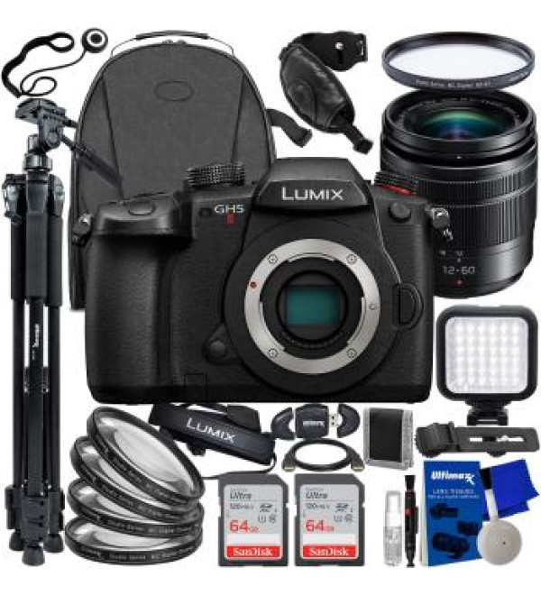 Panasonic Lumix GH5 II Mirrorless Camera with 12-60mm f/3.5-5.6 Lens + 2X SanDisk 64GB Ultra Memory Cards, Water-Resistant Camera Backpack, Lightweight 72â€ Tripod & Much More (32pc Bundle)