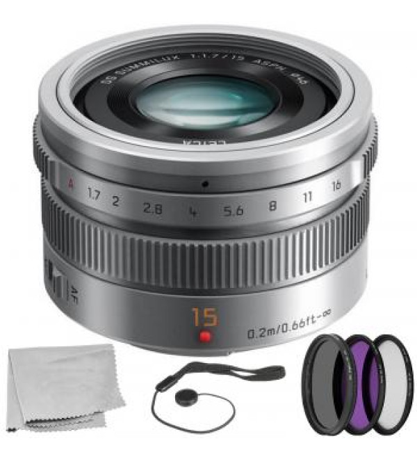 Panasonic LUMIX G Leica DG Summilux 15mm f/1.7 ASPH. Lens (Silver) with 5 Piece Essentials Accessory Bundle