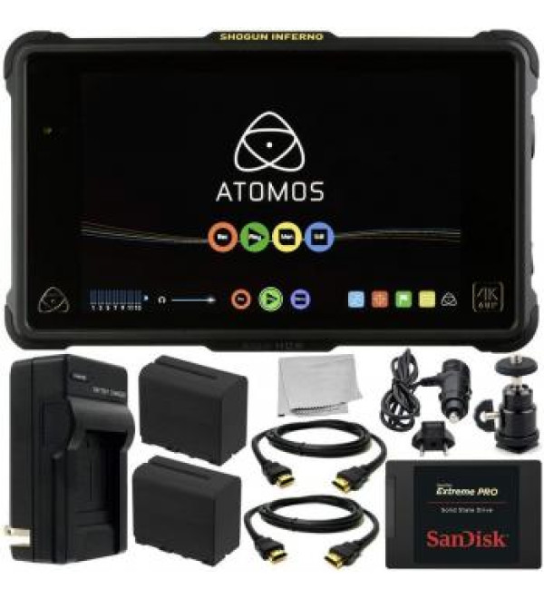 Atomos Shogun Inferno 7" 4K HDMI/Quad 3G-SDI/12G-SDI Recording Monitor 10PC Accessory Kit. Includes SanDisk 480GB Extreme Pro Solid State Drive, 2 Replacement F970 Batteries, MORE