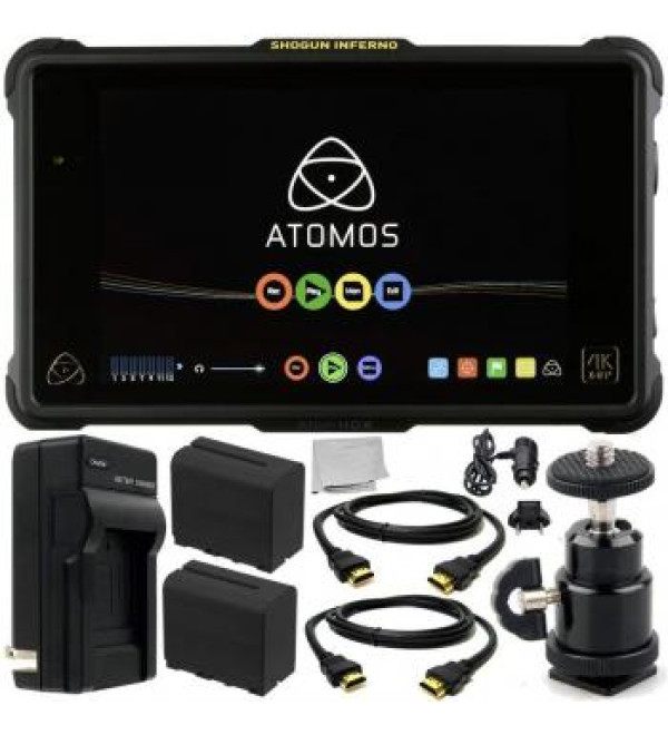 Atomos Shogun Inferno 7" 4K HDMI/Quad 3G-SDI/12G-SDI Recording Monitor 9PC Accessory Kit. Includes 2 Replacement F970 Batteries, AC/DC Rapid Home & Travel Charger, 2 HDMI Cables, More