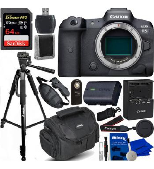 Canon EOS R5 Mirrorless Digital Camera (Body Only) with All-In-One Accessory Bundle: Bundle Includes â€“ SanDisk 64Gb Extreme Pro Memory Card, Professional Tripod, Medium Camera Bag, and Much More.