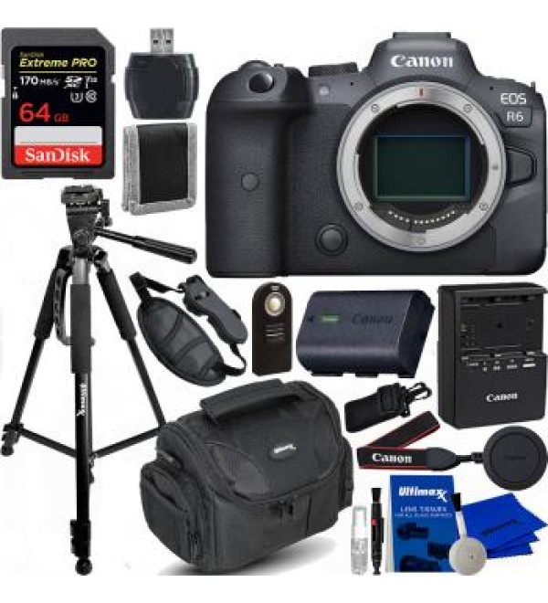 Canon EOS R6 Mirrorless Digital Camera (Body Only) with All-In-One Accessory Bundle: Bundle Includes â€“ SanDisk 64Gb Extreme Pro Memory Card, Professional Tripod, Medium Camera Bag, and Much More.