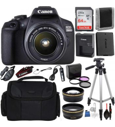 Canon EOS 2000D (Rebel T7) Digital SLR Camera w/ 18-55MM DC III  Lens Kit (Black) Professional Accessory Bundle