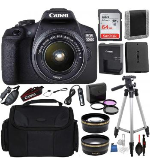 Canon EOS 2000D (Rebel T7) Digital SLR Camera w/ 18-55MM DC III  Lens Kit (Black) Professional Accessory Bundle