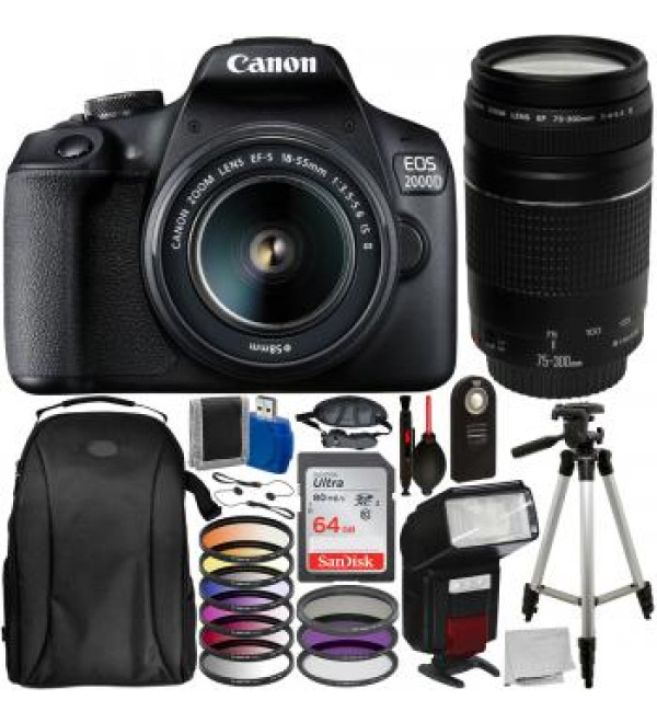 Canon EOS 2000D DSLR Camera with 18-55mm Lens, 75-300mm Lens and Accessory Bundle