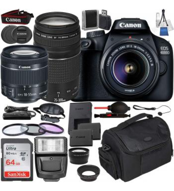Canon EOS 4000D DSLR Camera with EF-S 18-55mm f/3.5-5.6 III and EF 75-300mm f/4-5.6 III USM Lenses with Starter Accessory Bundle