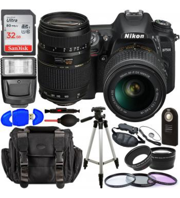 Nikon D7500 DSLR Camera with 18-55mm Lens (Black) 1581 with Tamron 70-300mm Lens for Nikon AF - AF017NII-700 and Accessory Bundle