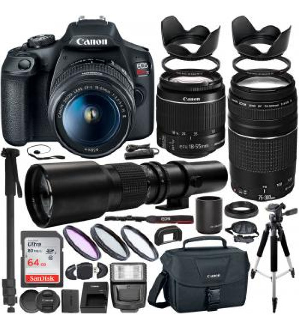 Canon EOS Rebel T7 DSLR Camera with EF-S 18-55mm IS II & EF 75-300mm III Canon Lenses & 500mm Preset Lens & Professional Accessory Bundle Includes: SanDisk Ultra 64GB SDHC Memory Card & MORE