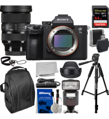 Sony Alpha a7 III Mirrorless Digital Camera (Body Only) with Sigma 24-70mm f/2.8 DG DN Art Lens for Sony E and Essential Accessory Bundle. Bundle Includes: SanDisk 64GB Extreme Pro Memory Card, TTL Flash, and Much More.