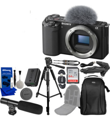 Sony ZV-E10 Mirrorless Camera (Body Black) Vlogging Bundle with SanDisk 64GB Ultra Memory Card,  60in Professional Tripod, Video Microphone and Much More.