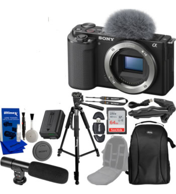 Sony ZV-E10 Mirrorless Camera (Body Black) Vlogging Bundle with SanDisk 64GB Ultra Memory Card,  60in Professional Tripod, Video Microphone and Much More.