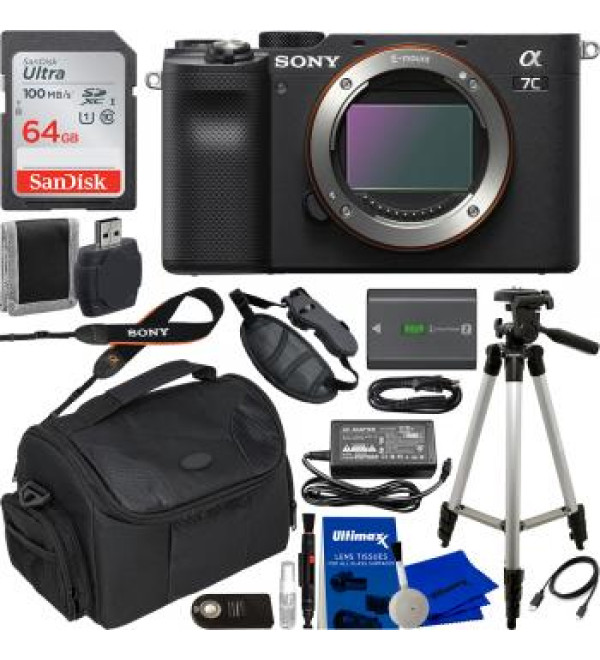 Sony Alpha a7C Mirrorless Digital Camera (Body Only, Black) with Must Have Accessory Bundle. Bundle Includes: SanDisk 64GB Ultra 100 MB/s Memory Card, Carrying Case, Professional Tripod, and More