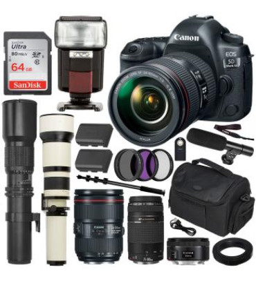 Canon EOS 5D Mark IV DSLR Camera with Canon 24-105mm USM, - 1483C010 50mm f/1.8 STM, - 0570C002 & 75-300mm f/4-5.6 III - 6472A002 with 500mm & 650-1300mm Preset Telephoto 5 Lens Professional Bundle