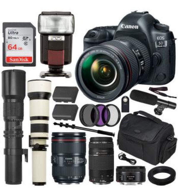 Canon EOS 5D Mark IV DSLR Camera with Canon 24-105mm USM, - 1483C010 50mm f/1.8 STM, - 0570C002 & 75-300mm f/4-5.6 III - 6472A002 with 500mm & 650-1300mm Preset Telephoto 5 Lens Professional Bundle