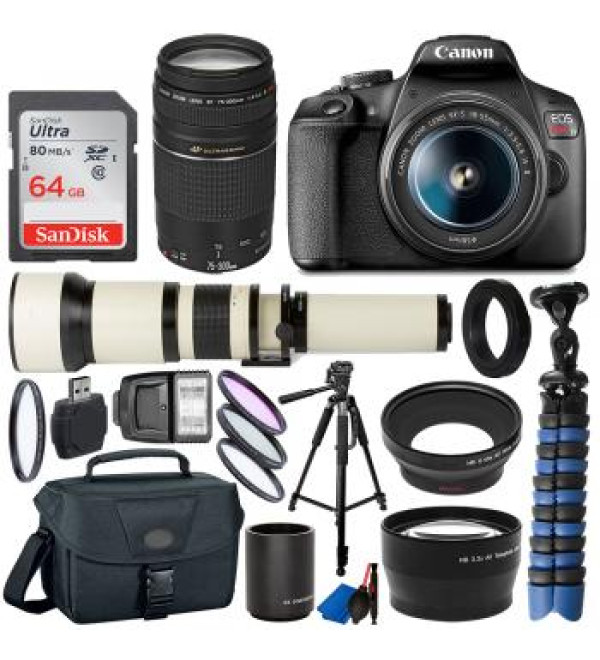 Canon EOS Rebel T7 DSLR Camera Two Lens Kit Bundle with 650-1300mm and Canon 75-300mm III Lenses