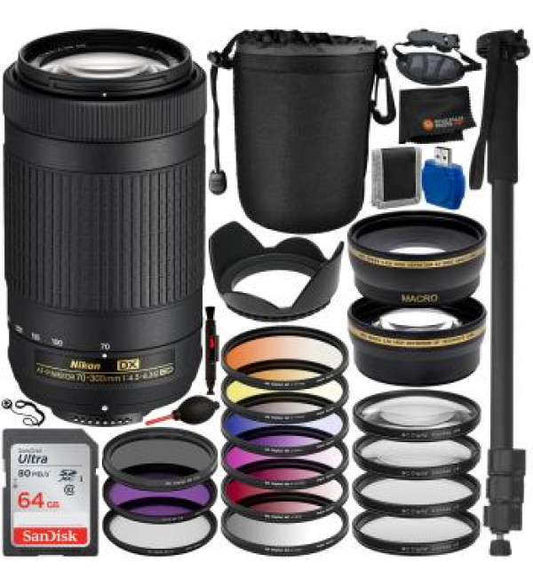 Nikon AF-P DX NIKKOR 70-300mm f/4.5-6.3G ED Lens - 20062 and 26PC Deluxe Accessory Bundle