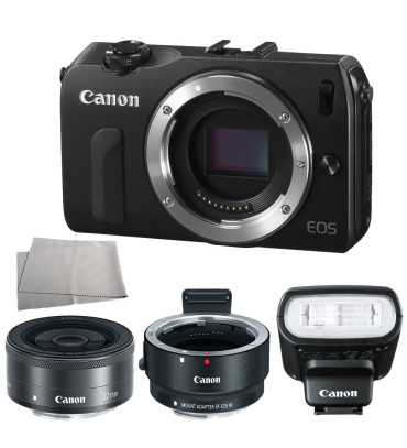 Canon EOS M Mirrorless Digital Camera with EF M 22mm f/2 STM Lens + Canon EF M Lens Adapter + Canon Speedlite 90EX Flash Bundle