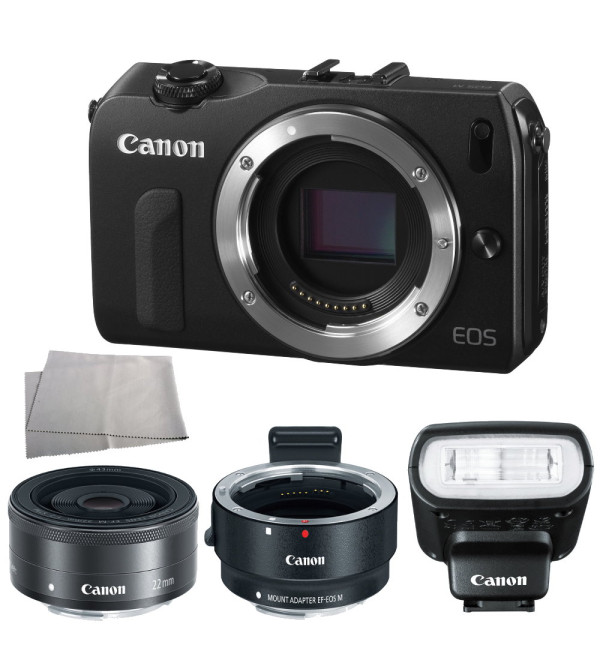 Canon EOS M Mirrorless Digital Camera with EF M 22mm f/2 STM Lens + Canon EF M Lens Adapter + Canon Speedlite 90EX Flash Bundle