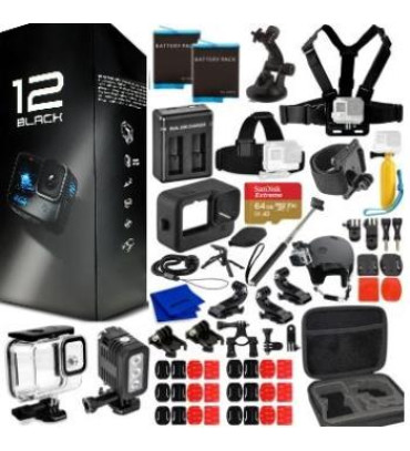 GoPro HERO12 (HERO 12) Black - Waterproof Action Camera + 64GB Card, 50 Piece Accessory Kit and 2 Extra Batteries