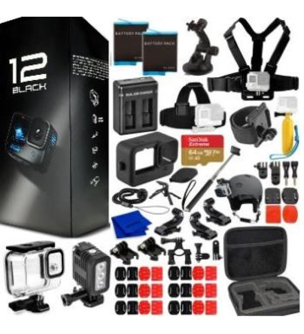 GoPro HERO12 (HERO 12) Black - Waterproof Action Camera + 64GB Card, 50 Piece Accessory Kit and 2 Extra Batteries