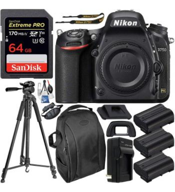 Nikon D750 DSLR Camera (Body Only) - 1543 & Deluxe Accessory Bundle