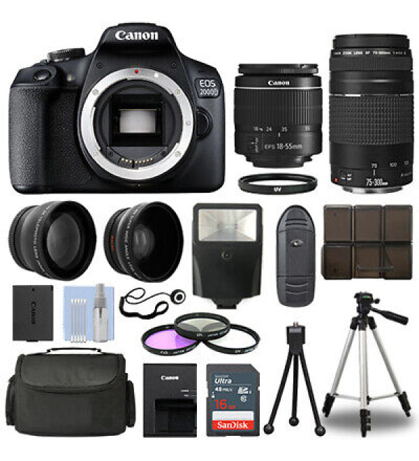 Canon EOS 2000D DSLR Camera with 18-55mm, 75-300mm, & 50mm Canon Lenses & Accessory Bundle