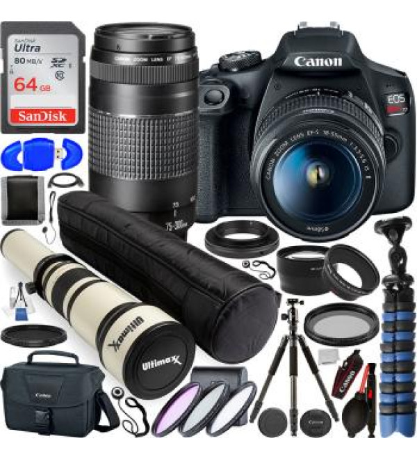 Canon EOS Rebel T7 DSLR with Canon EF-S 18-55mm f/3.5-5.6 IS II Lens - 2727C002, Canon EF 75-300 f/4-5.6 III Lens - 6472A002 and Professional Lens Bundle