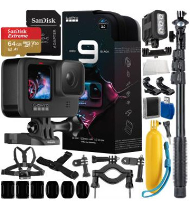 GoPro HERO9 (Hero 9) Action Camera (Black) with Water Sports Accessory Bundle - Includes: SanDisk Extreme 64GB microSDXC Memory Card, Underwater LED Light, 48" Selfie Stick / Monopod, & MUCH MORE