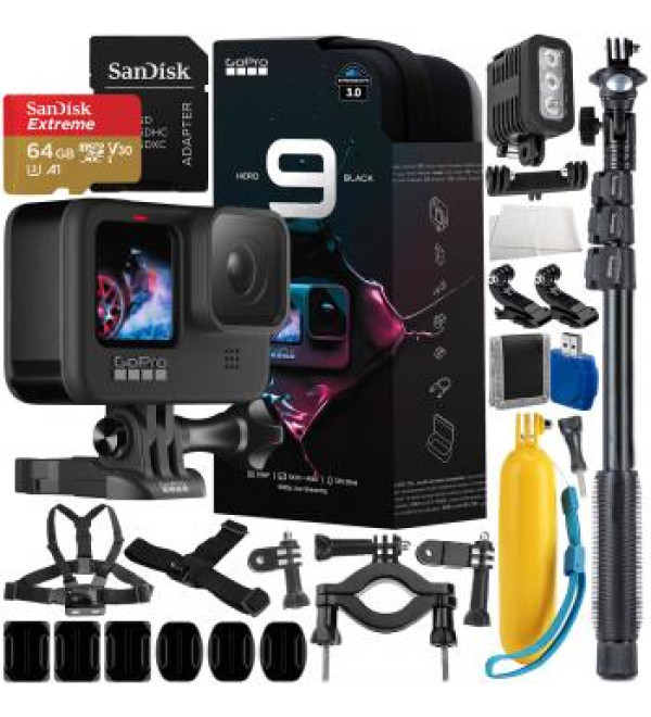 GoPro HERO9 (Hero 9) Action Camera (Black) with Water Sports Accessory Bundle - Includes: SanDisk Extreme 64GB microSDXC Memory Card, Underwater LED Light, 48" Selfie Stick / Monopod, & MUCH MORE