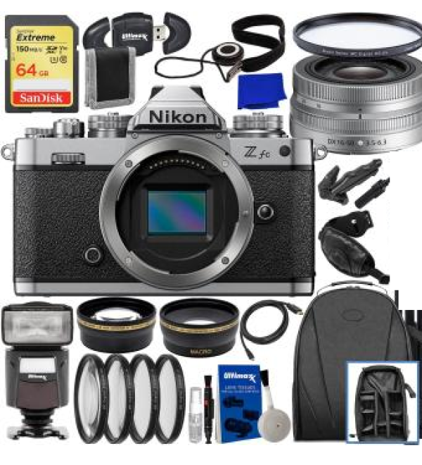 Nikon Zfc Mirrorless Camera with 16-50mm Lens (Silver)+ SanDisk 64GB Extreme SDXC Memory Card, Universal Speedlite with LED Light, 0.43x Wide-Angle Lens Attachment w/Detachable Macro & Much More(29pc Bundle)